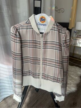 Plaid Zip-Front Bomber Jacket in Cream and Brown